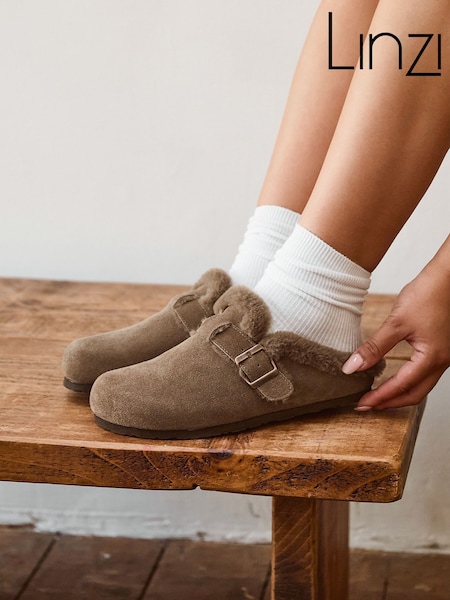 Mocha Brown - Linzi Ember Suede Leather Fur Lined Slippers