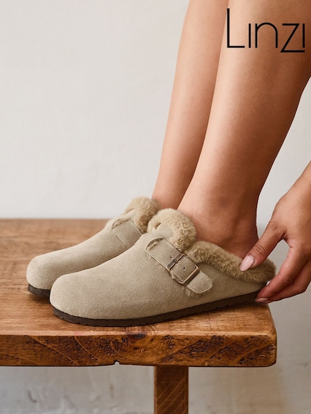 Taupe Brown - Linzi Ember Suede Leather Fur Lined Slippers