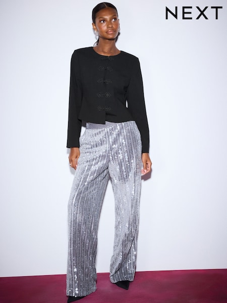 Silver - Velvet Sequin Stripe Pull On Wide Leg Trousers