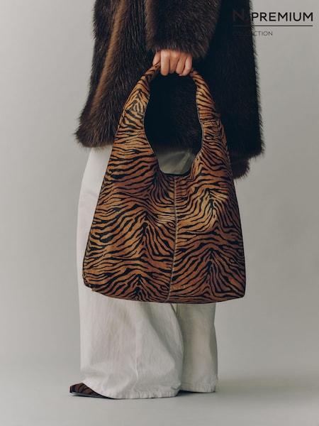 Brown - N.premium Leather Tiger Slouchy Shoulder Bag