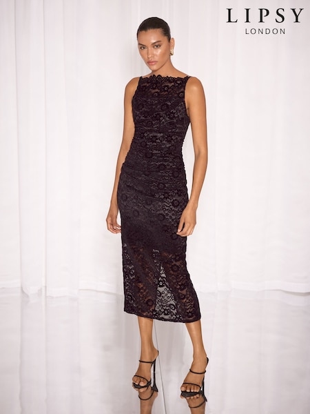 Қара - Lipsy Velvet Lace Square Neck Strappy Bodycon Midi Dress