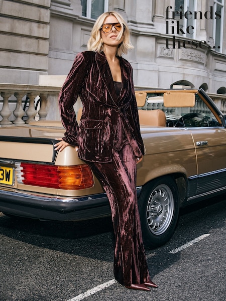 Brown - Friends Like These Crinkle Velvet Flare Trousers