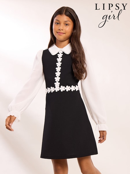Itim/Puti - Lipsy 2-in-1 Long Sleeve Flower Trim Dress (5-16yrs)