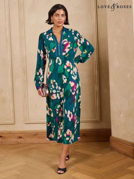 Petrol/Animal-Print - Love & Roses Zip Down Jersey Midi Dress