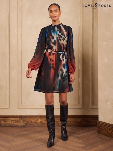 Blurred Animal - Love & Roses Printed Belted Mini Dress