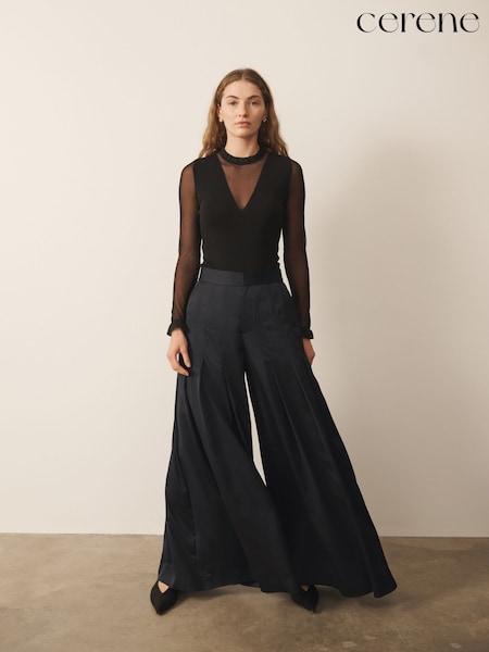Black - Cerene Super Wide Pleat Front Satin Palazzo Trousers