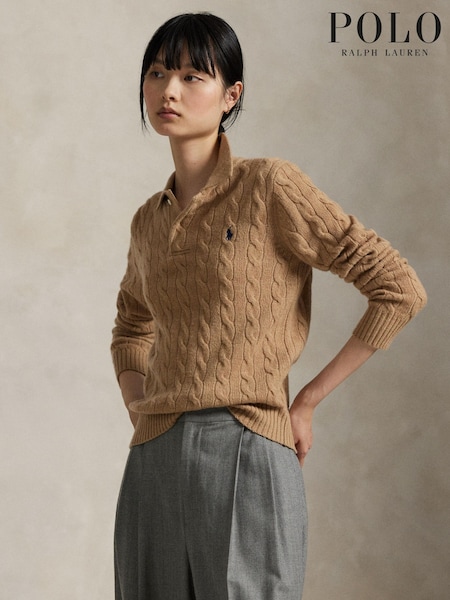 Brown - Polo Ralph Lauren Polo Collar Cable Knit Sweater