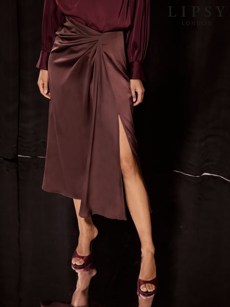 Chocolate Brown - Lipsy Satin Draped Gathered Waist Side Split Midi Skirt