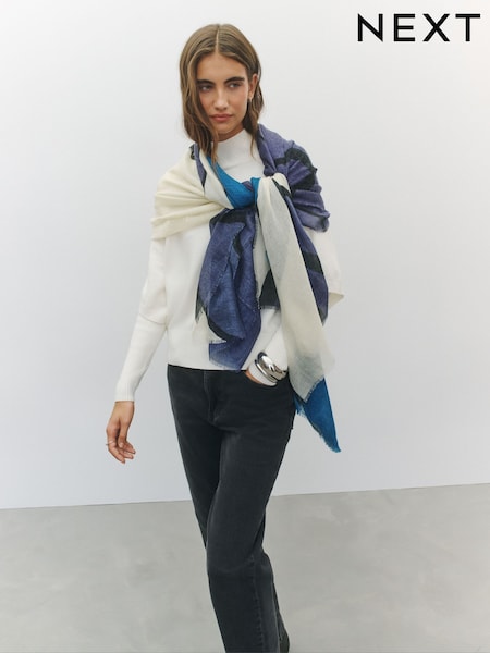 Ecru/Blue Abstract - Lightweight Scarf