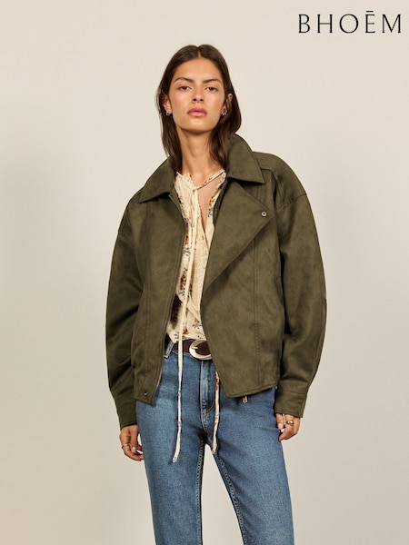 Alyvuogių žalia - Asymmetrical Faux Suede Jacket
