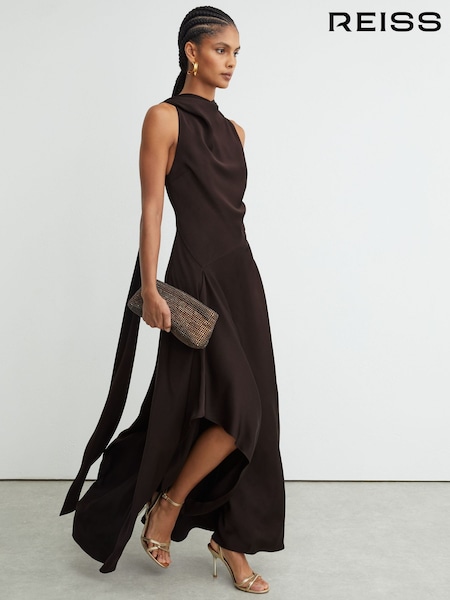 Grape Burgundy - Reiss Sabine Satin Cape-detail Maxi Dress