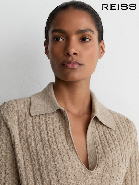 Neutral - Reiss Millie Wool-cashmere Cable-knit Collared Jumper