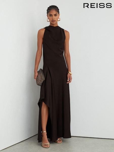 Drue Burgunder - Reiss Sabine Petite Satin Cape-detail Maxi Dress