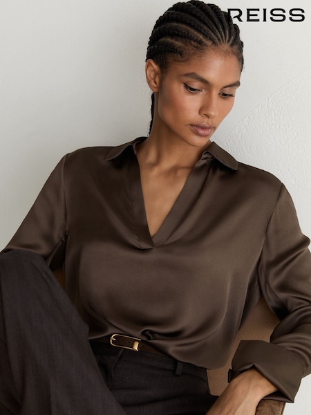 Mocha Brown - Reiss Marina Silk Open-collar Blouse