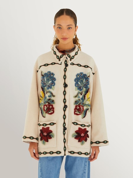 Cream - Farm Rio Lunar Boho Cropped Fleece Coat