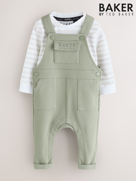 Green - Baker By Ted Baker 2 Piece Dungaree And Stripe T-shirts Set