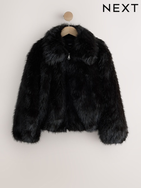 Black - Faux Fur Collar Zip Through Jacket