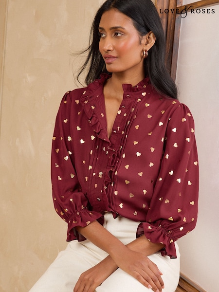 Rust Brown Metallic Heart - Love & Roses 3/4 Sleeve Frill Cuff Blouse