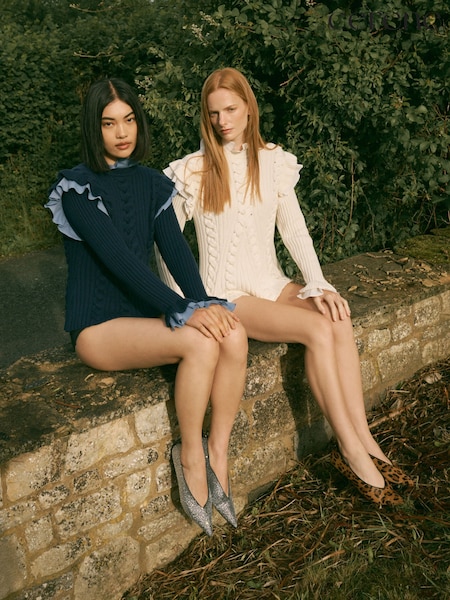 Cream - Cerene Cotton Ruffle Trim Cable Stitch Jumper