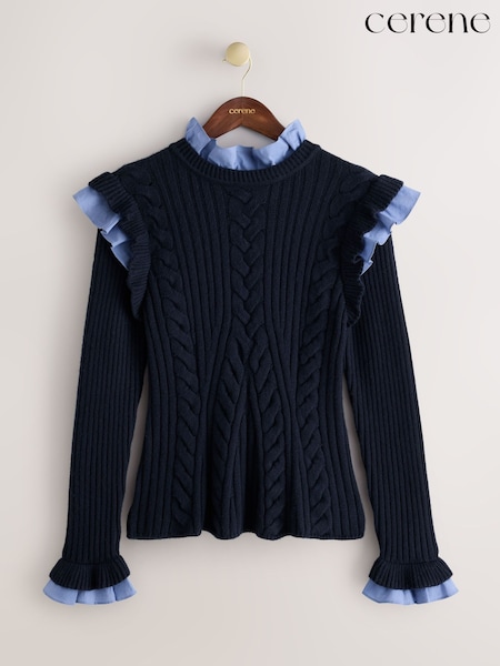 Navy - Cerene Cotton Ruffle Trim Cable Stitch Jumper