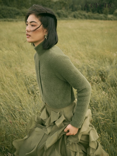 Green - Cerene Brushed High Neck Curved Hem Jumper