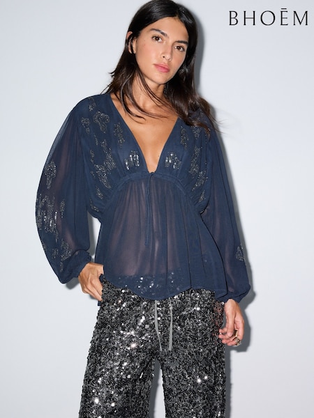 Blue - Sequin Embroidered V-neck Chiffon Blouse