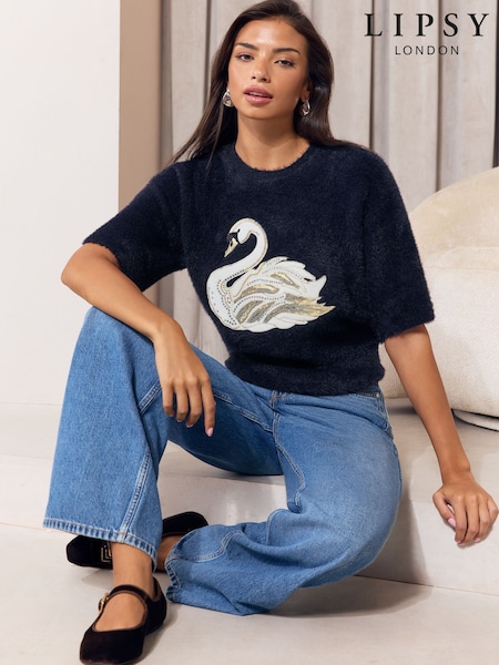 Navy Swan - Lipsy Christmas Fluffy Knitted Top