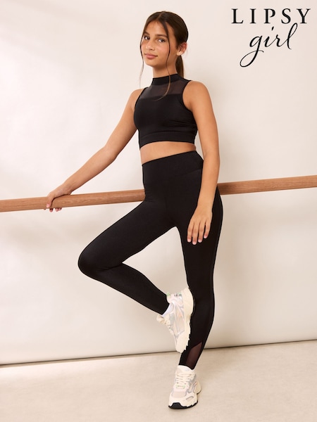 Black - Lipsy Mesh Crop Top And Leggings Sport Set (5-14yrs)