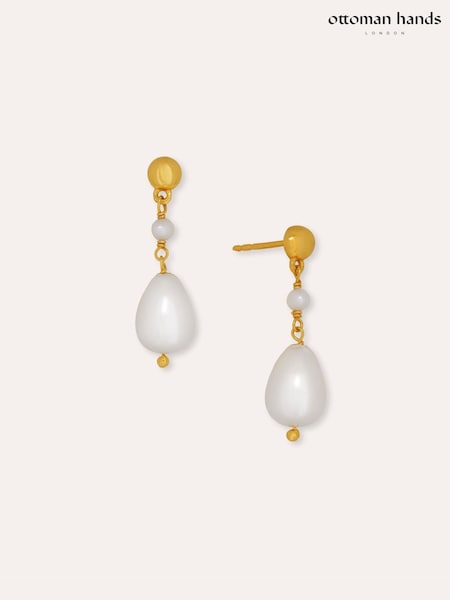 Gold Tone - Ottoman Hands Kyra Pearl Drop Stud Earrings