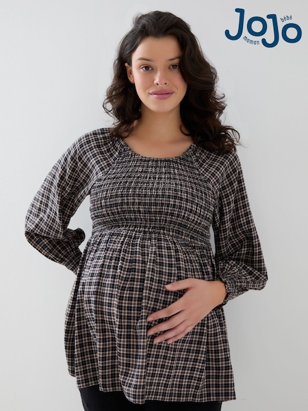 Brown Gingham - Jojo Maman Bébé Long Sleeve Shirred Maternity Top