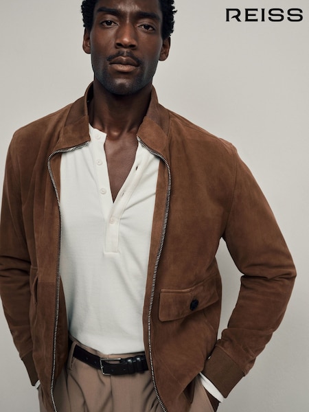 Tobacco Brown - Regular Reiss Helliford Suede Funnel-neck Bomber Jacket