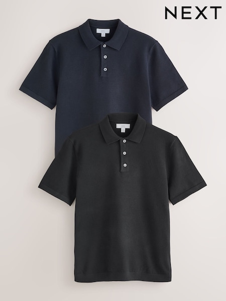 أسود/أزرق داكن - Regular Knitted Short Sleeved Polo Shirts 2 Pack