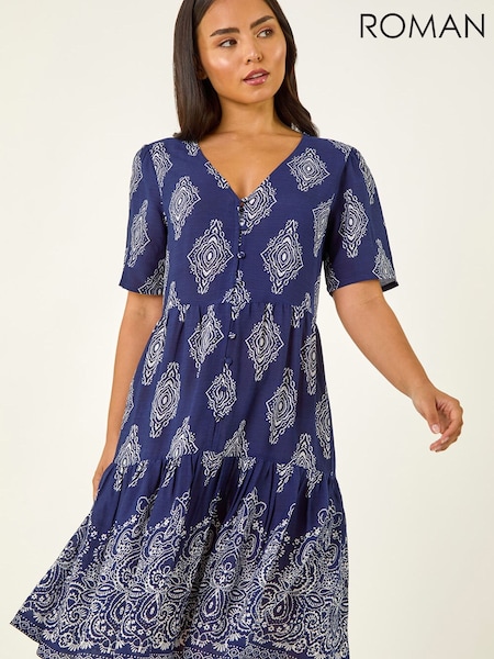 Bleu - Robe volantée à imprimé bordure Roman Petite