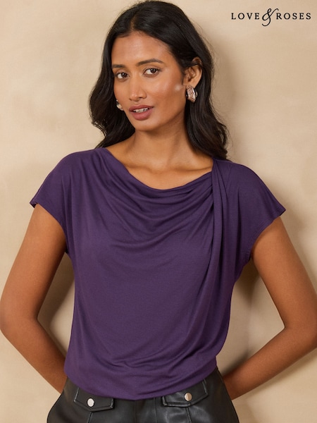 Purple - Love & Roses Cowl Neck Drape Short Sleeve T-shirt