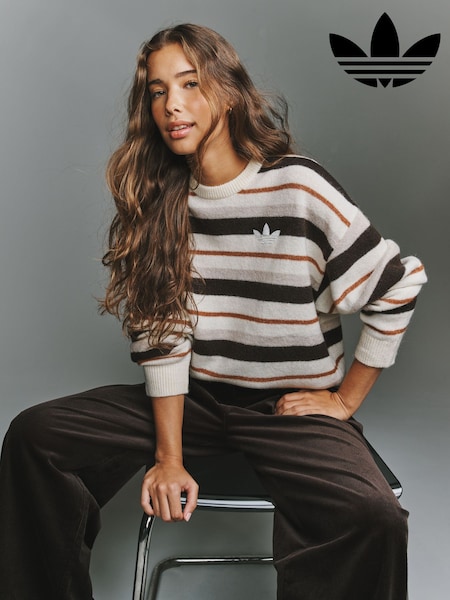 Beige - Adidas Knit Essentails Striped Crew Neck Jumper