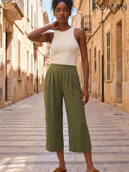 Zielony - Roman Elastic Waist Pleat Cropped Trousers