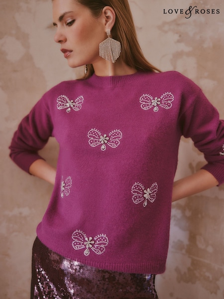 Pink - Love & Roses Crew Neck Embellished Butterfly Detail Knitted Jumper