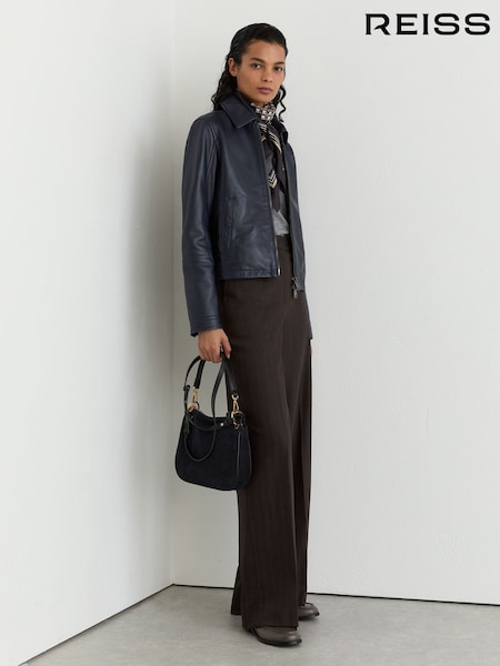Ink Blue - Reiss Sorina Leather Zip-through Moto Jacket