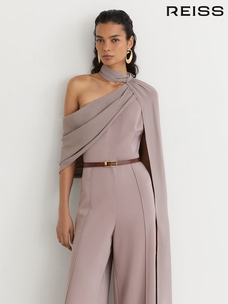 Mauve - Reiss Carrie One-shoulder Drape Wide-leg Jumpsuit