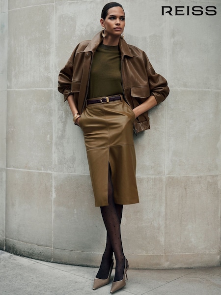 Khakigrün - Reiss Milly Leather Midi Pencil Skirt