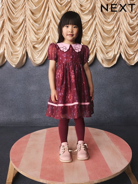 Burgundy Floral - Embroidered Collar Puff Sleeve Occasion Dress (3mths-8yrs)