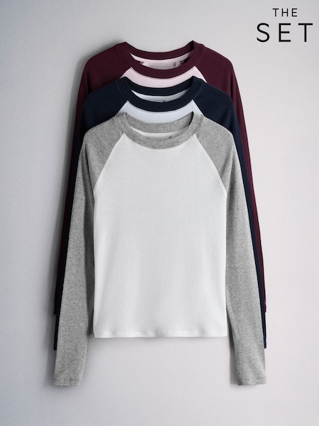 צבע כחול נייבי/בורגונדי/אפור - The Set 3 Pack Raglan Baseball Semi Sheer T-shirts