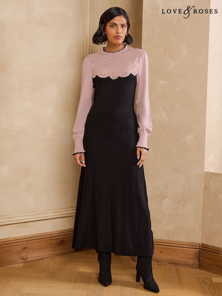 Black - Love & Roses Pink Lace Detail High Neck Knitted Midi Dress