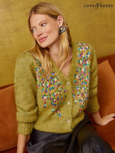 Lime Green - Love & Roses Multicolored Sequin Detail V-neck Cosy Knitted Cardigan