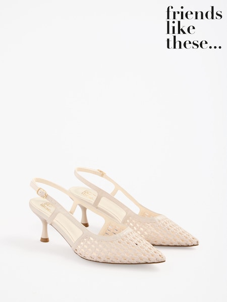 Ecru - Friends Like These Faux Leather Weave Slingback Mid Heel Court Shoes