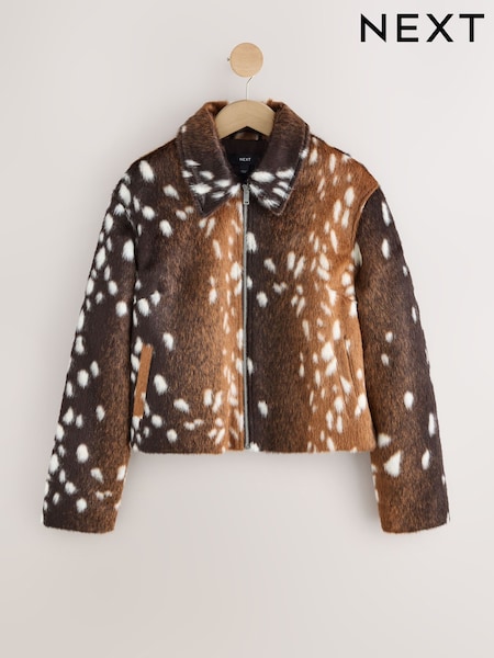Brown Animal Deer Print - Faux Fur Jacket