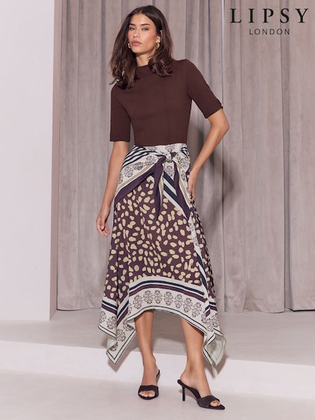 Chocolate Brown - Lipsy Mixed Print Foulard Tie Waist Hanky Hem 2 In 1 Short Sleeve Dress
