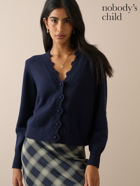 Blue - Nobodys Child Crochet Trim V Neck Cardigan