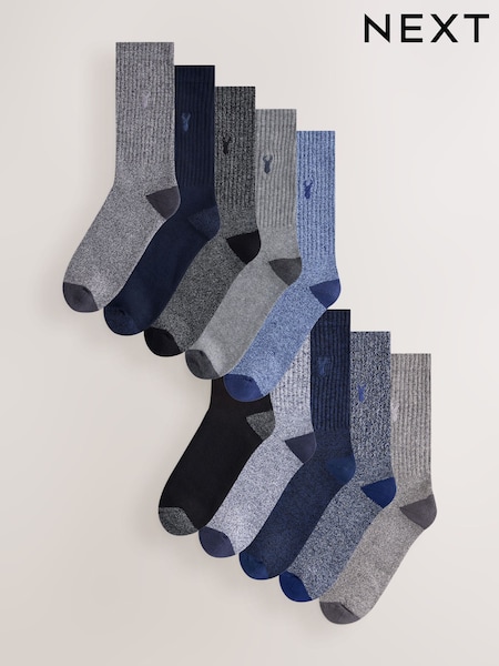 Azul/gris - Regular Stag Embroidered Heavyweight Socks 10 Pack