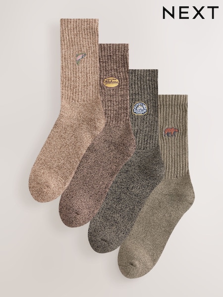 Verde/neutro con bordado de bosque - Regular Twisted Heavyweight Socks 4 Pack
